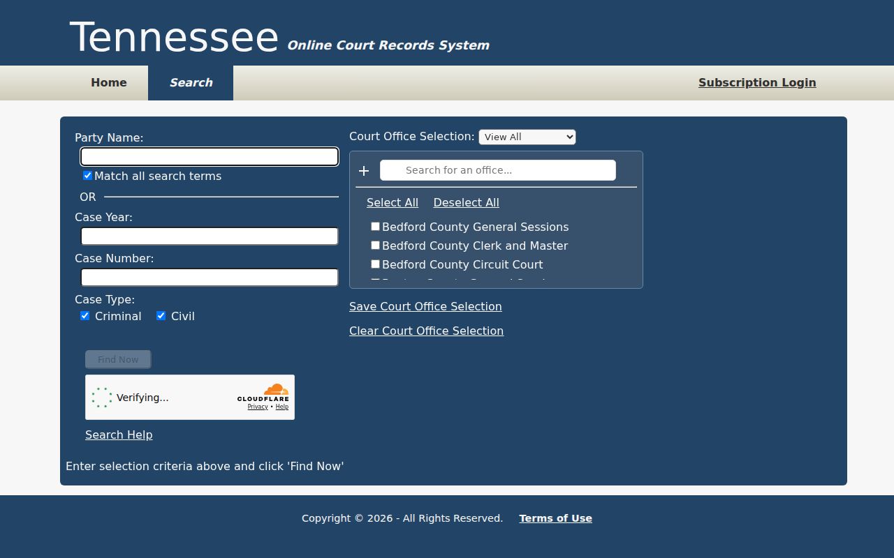 Hickman County criminal docket office choices in TnCIS