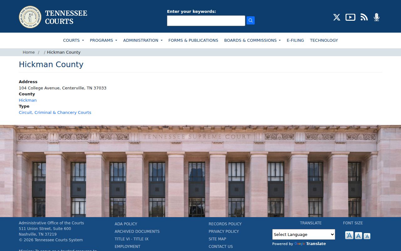 Official Hickman County court entry in the Tennessee court directory