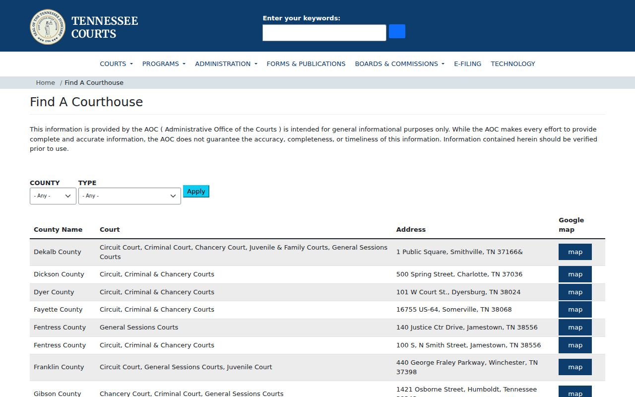 Tennessee courthouse directory listing for Hickman County courts